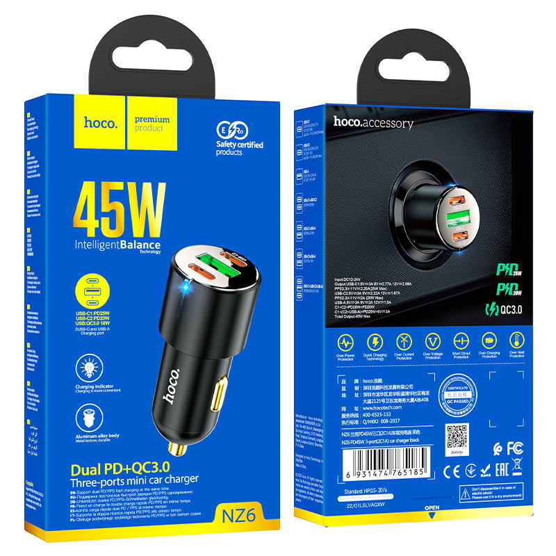hoco-nz6-pd45w-3-port-car-charger-packaging